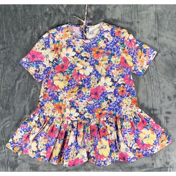 Zara Tops - Zara Vibrant Floral Peplum Pullover Tunic Top Vintage Throwback Blouse Size XS